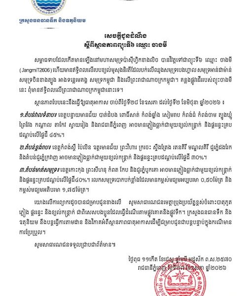 កម្ពុជា ជួបព្យុះមួយទៀតជាព្យុះទី៦ នឹងធ្វើឲ្យមានភ្លៀងធ្លាក់ជាមួយផ្គររន្ទះ និងខ្យល់កន្ត្រាក់ចាប់ពីថ្ងៃទី២៨នេះ ដល់ថ្ងៃទី២មិថុនា