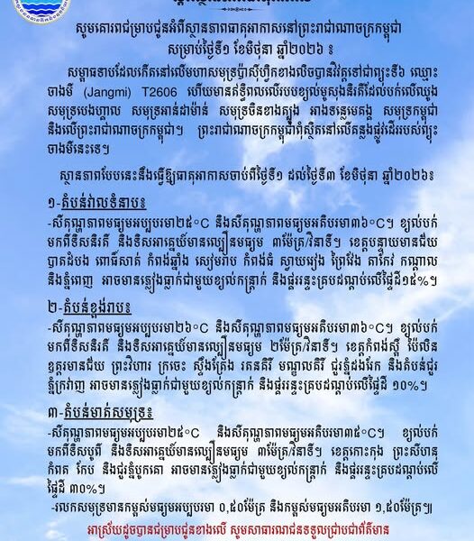 ព្យុះទី៦ ចាងមី បន្តគ្របដណ្ដប់លើកម្ពុជា ដល់ថ្ងៃទី៣ មិថុនា តែថយឥទ្ធិពលខ្លះ